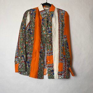 Tory Burch 100% Silk Blouse Button Down Top Something Wild Print Orange 8 NEW